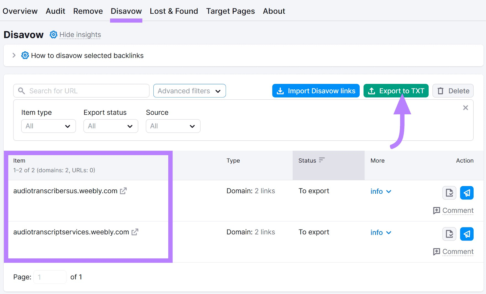 Sección "Disavow" en la herramienta Backlink Audit