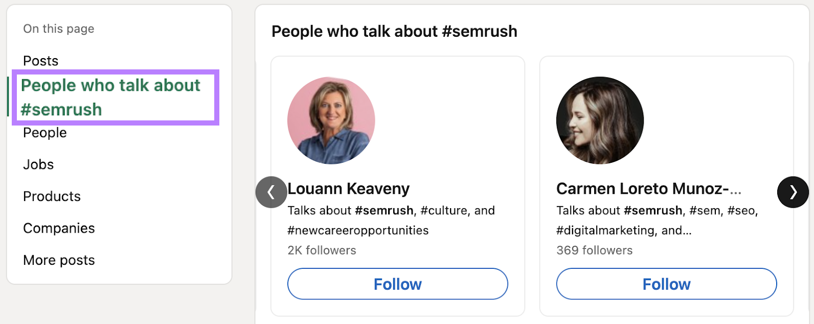 "Gente que habla de #semrush" en LinkedIn