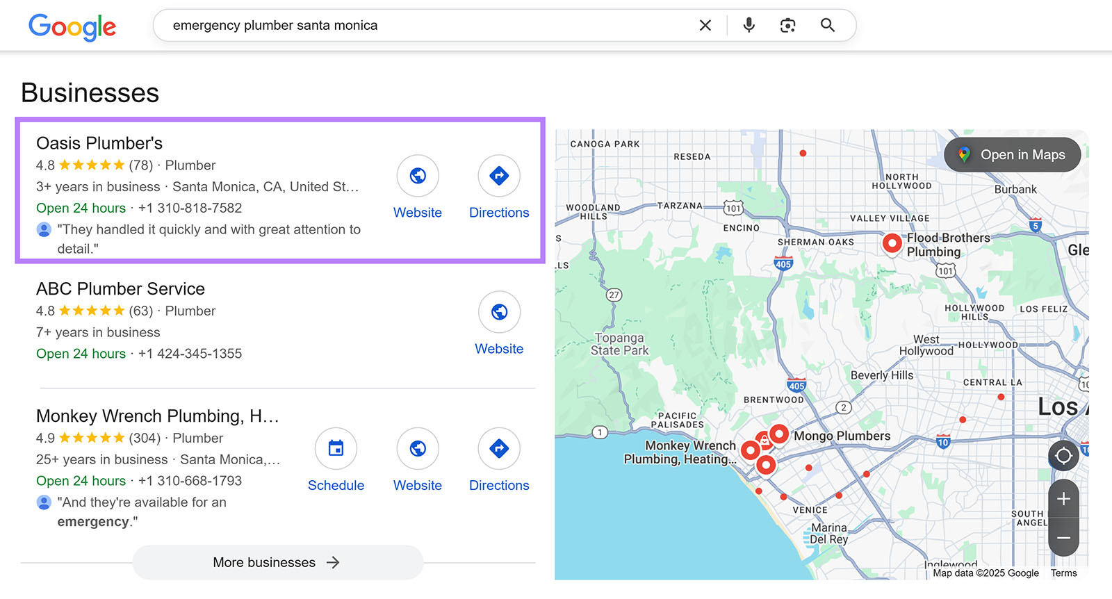 Google search results for emergency plumbers in Santa Monica with map and top business listings highlighted