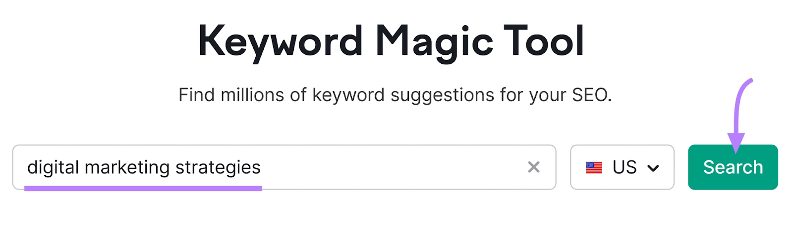 “estrategias de marketing digital” se introdujo en la búsqueda de la herramienta Keyword Magic.