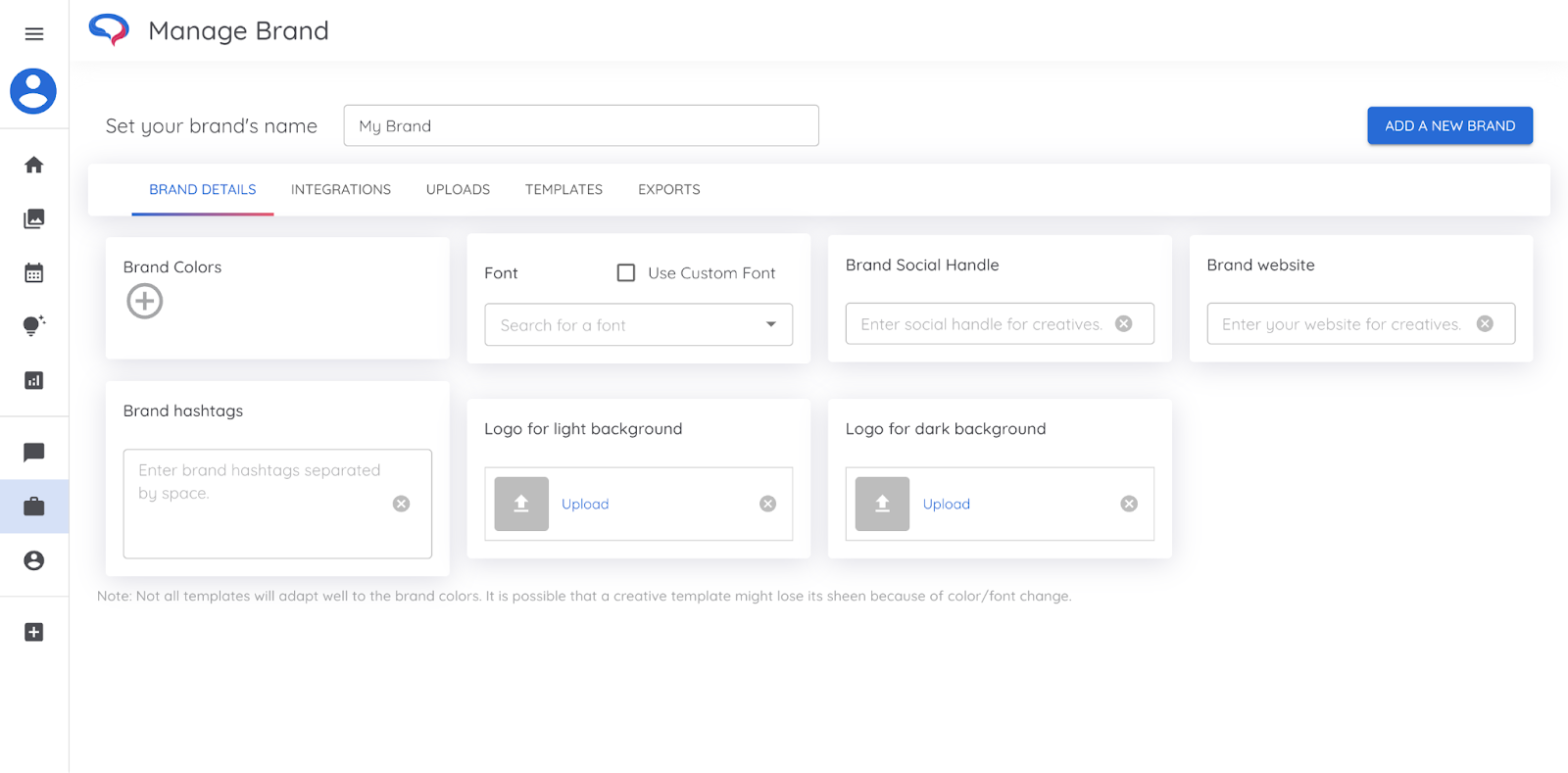 Página "Gestionar marca" en el Generador de Contenidos Sociales AI