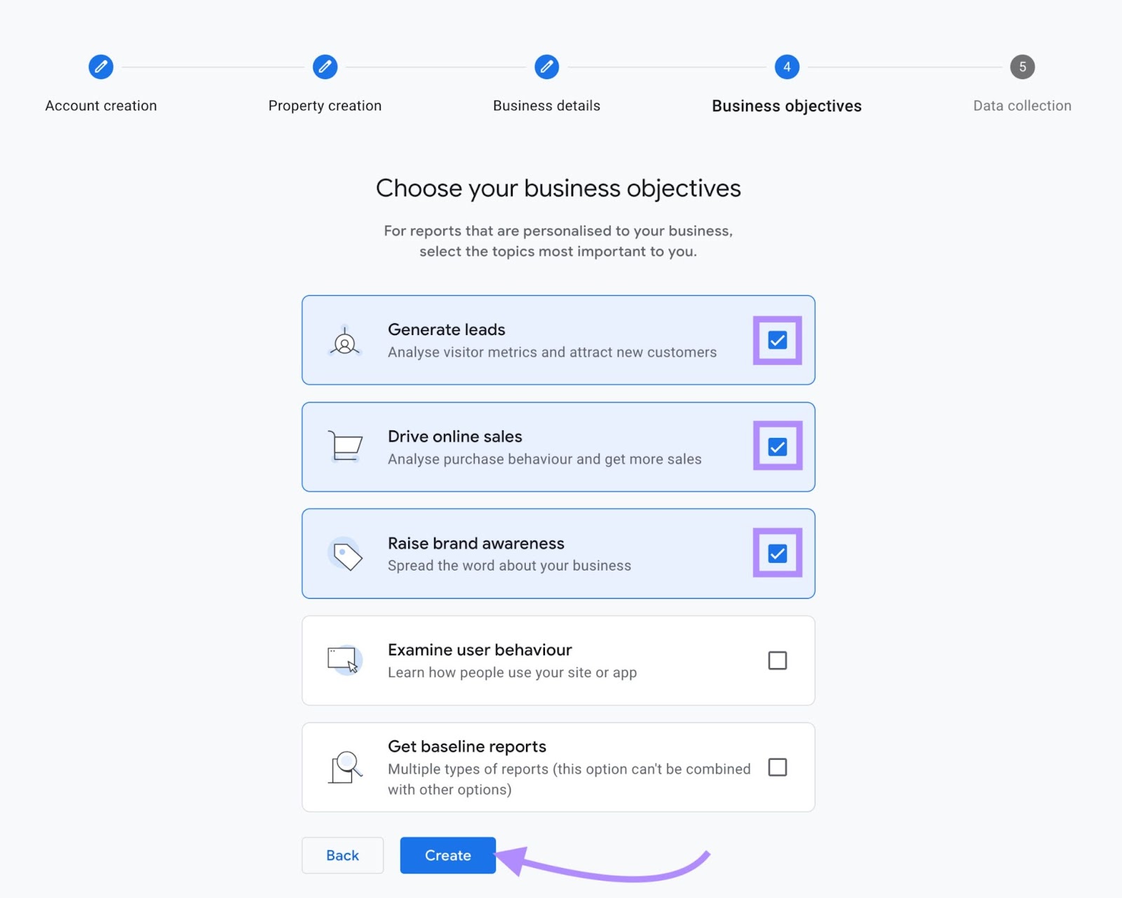 "Ventana "Elige tus objetivos empresariales