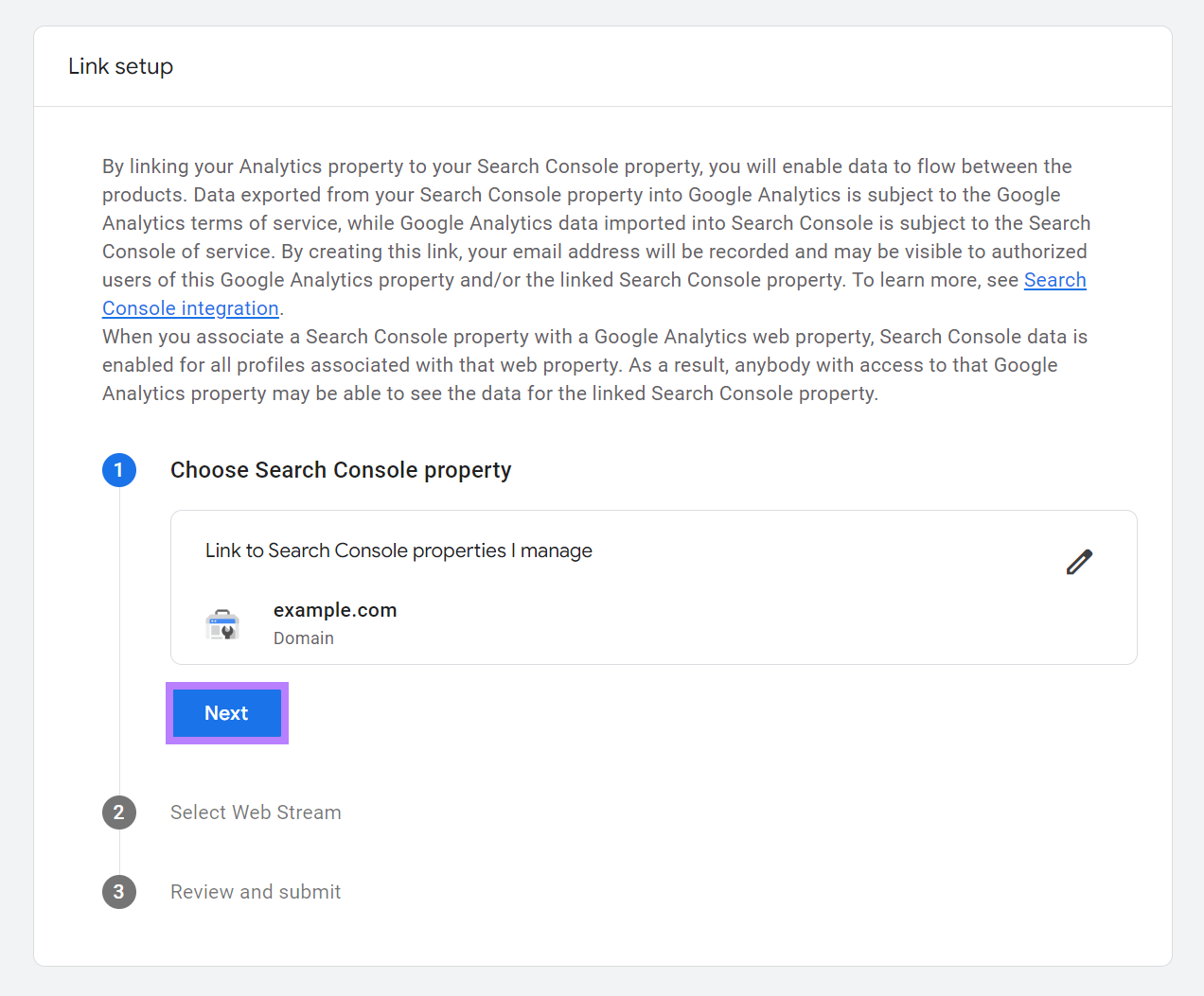 Next button highlighted on the Link setup page.