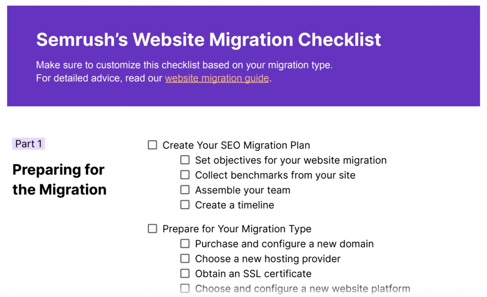 Vista previa de la checklist de migración web de Semrush