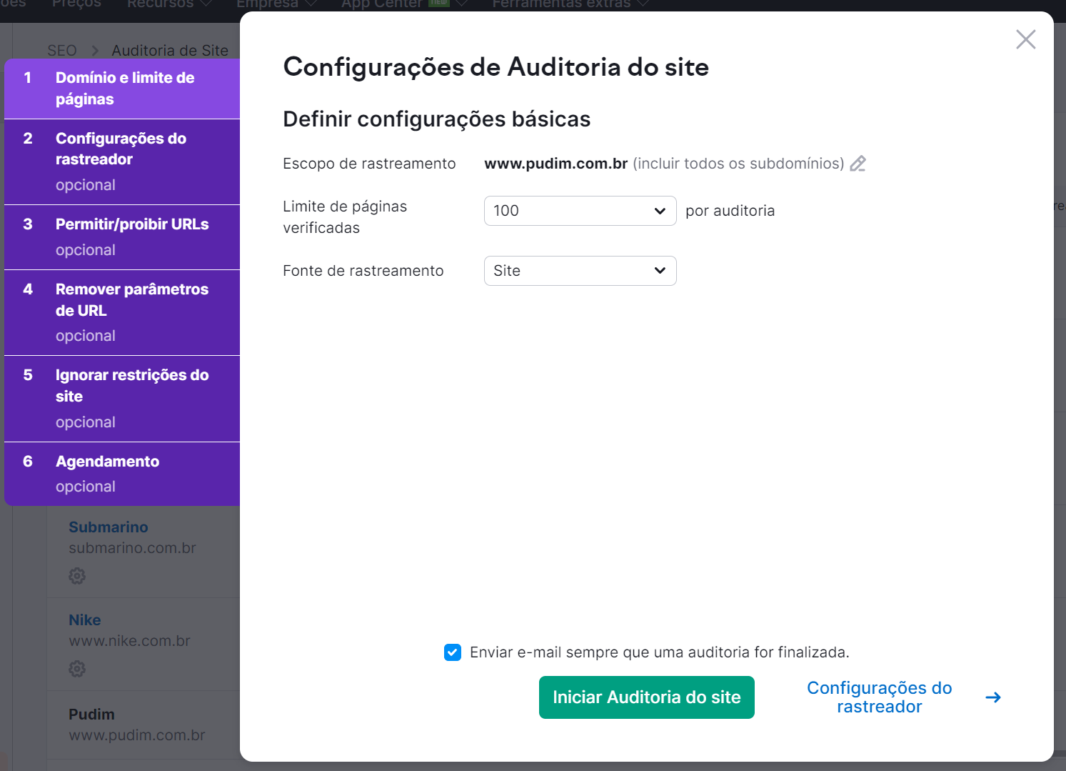 configurações de auditoria do site