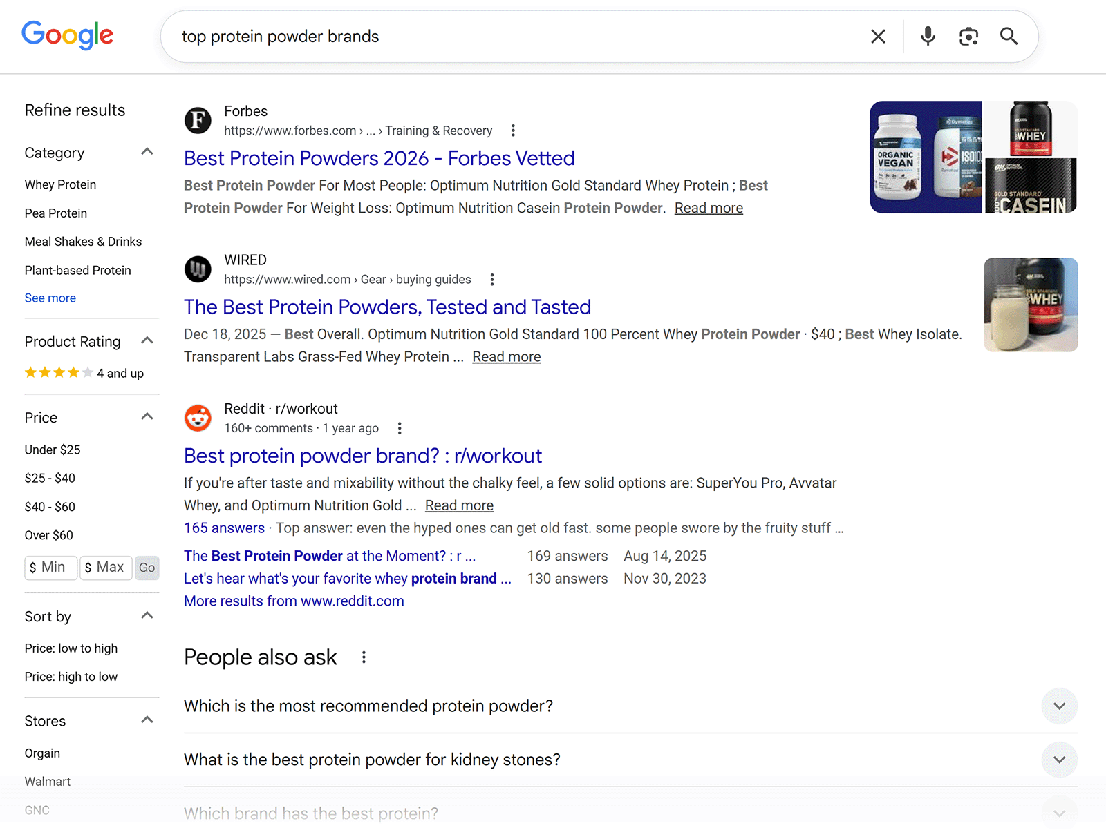 Google search results page for “top protein powder brands” showing articles from Forbes, WIRED, and Reddit.