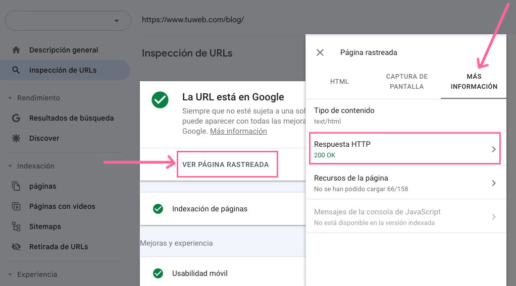 Comprobar el código HTTP de una página con Search Console