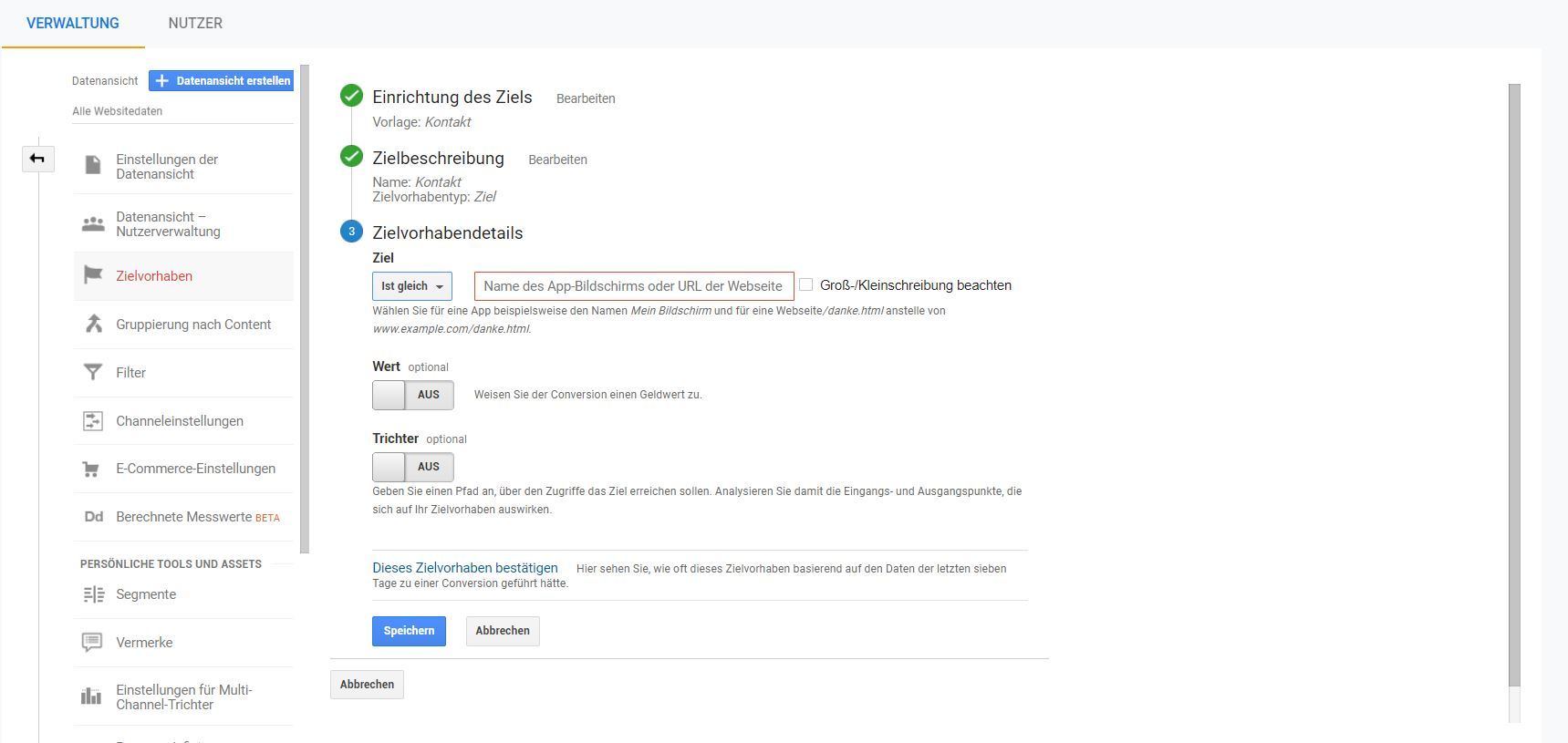 Google Analytics: Zielvorhabendetails