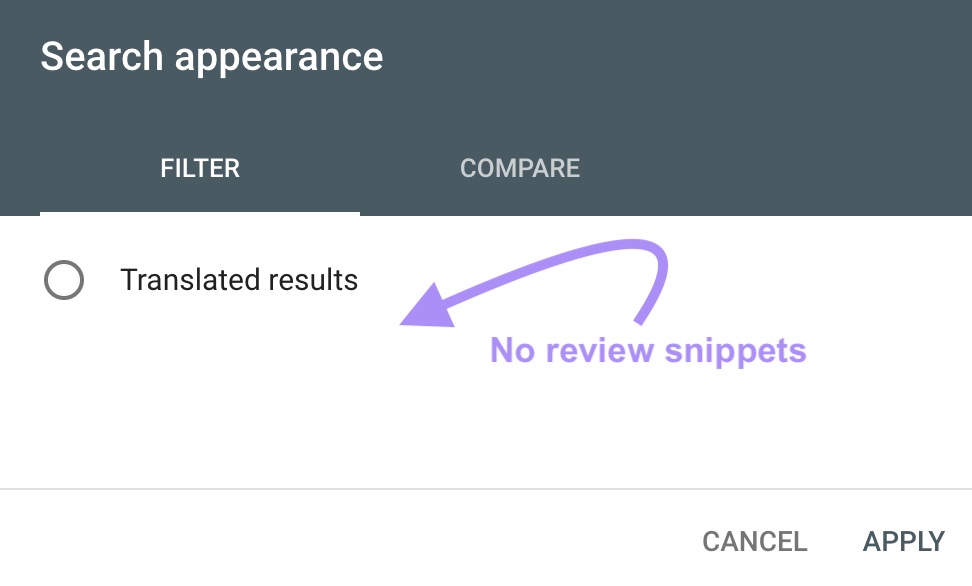 Ventana "Filtro de apariencia de búsqueda" en GSC