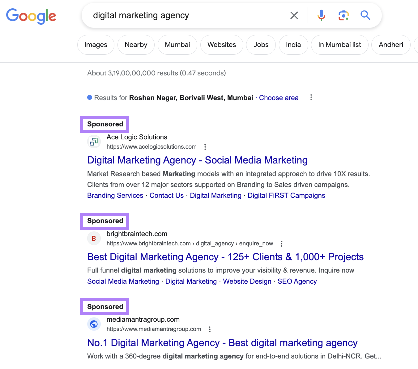 Anuncios PPC de Google para la consulta "agencia de marketing digital" con las etiquetas "Patrocinado" resaltadas