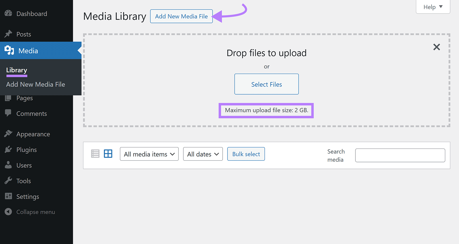 WordPress admin dashboard with Media Library page open, Add New Media File button clicked, and Maximum upload file size limit highlighted.