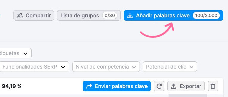 Añadir palabras clave en el Keyword Strategy Builder de Semrush