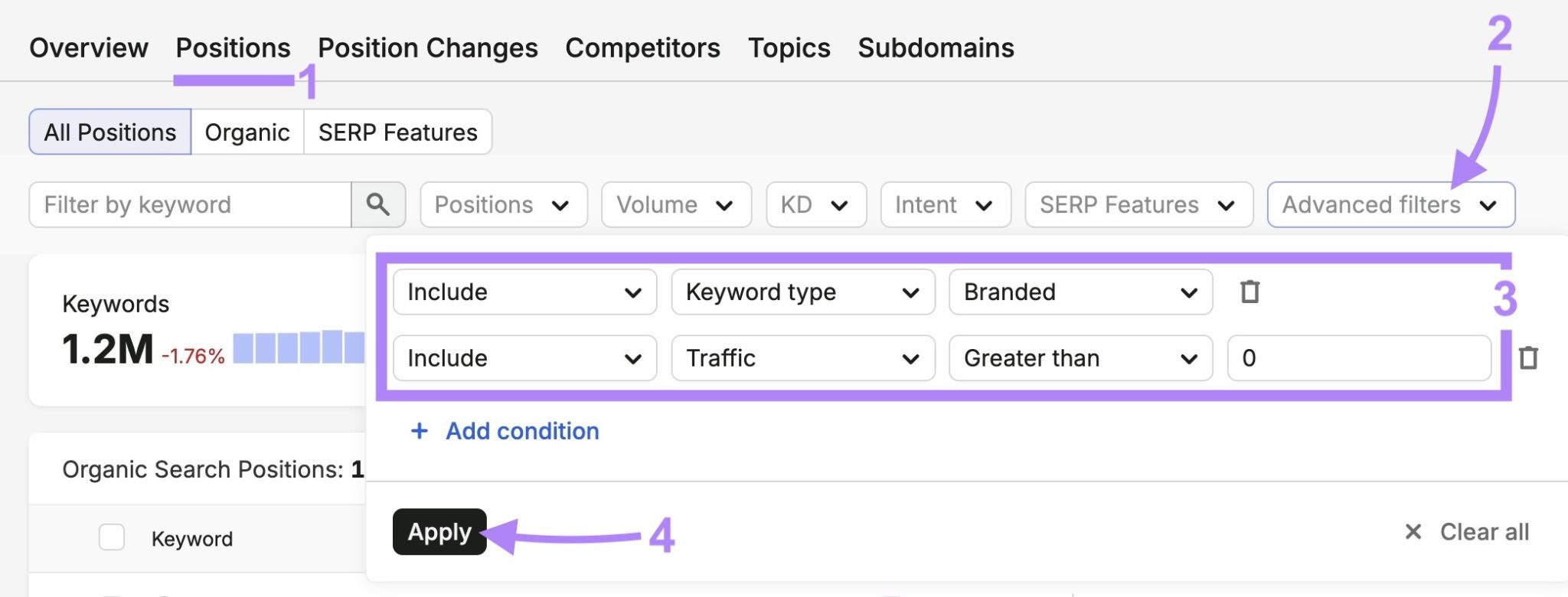Applying advanced filters to show only branded keywords generating traffic on the "Positions" tab of the Organic Rankings tool.
