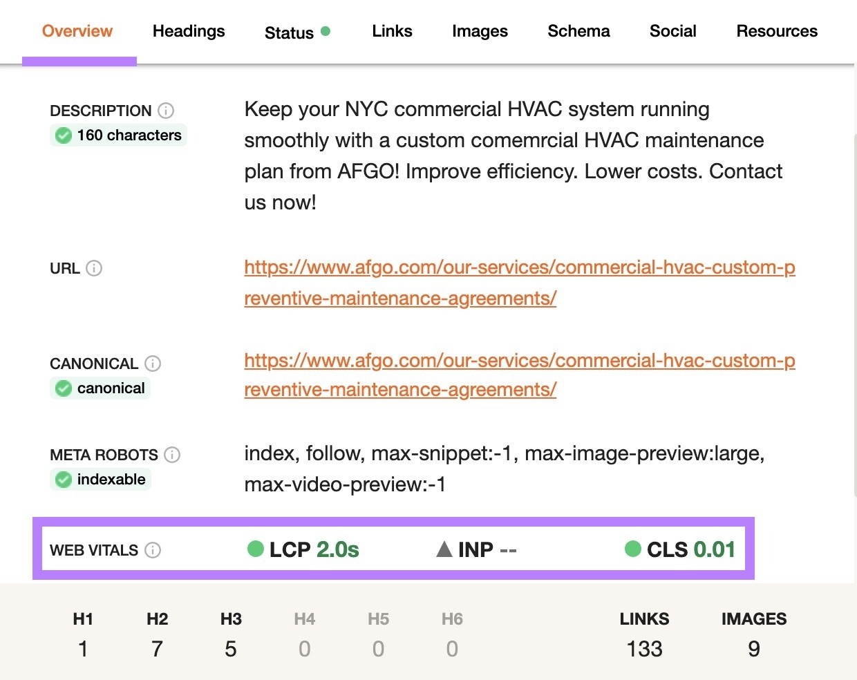 The "Overview" tab on the SEO Pro Extension with the Web Vitals section highlighted.