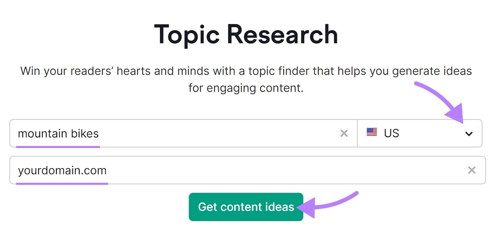 "mountain bike" e un dominio di esempio inseriti nella barra di ricerca di Topic Research
