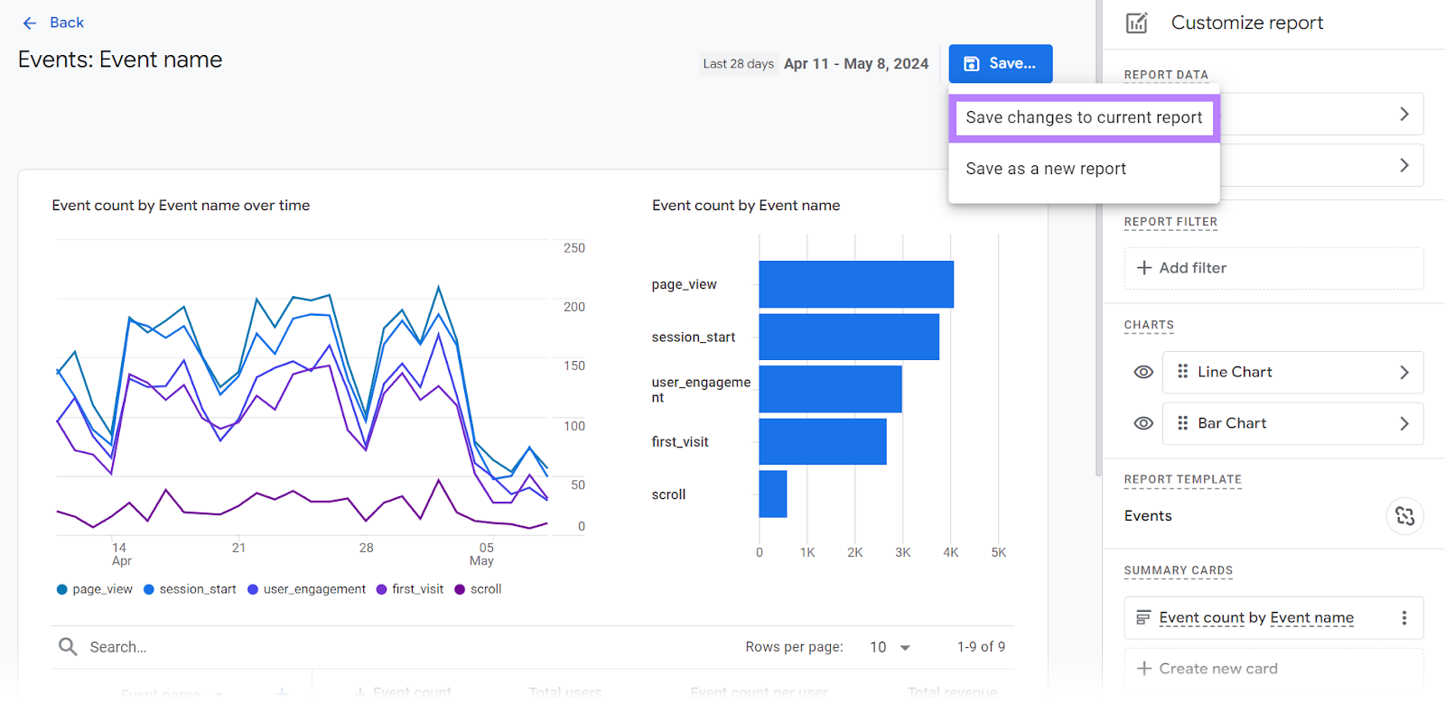 Save changes to report button on Events report page highlighted.