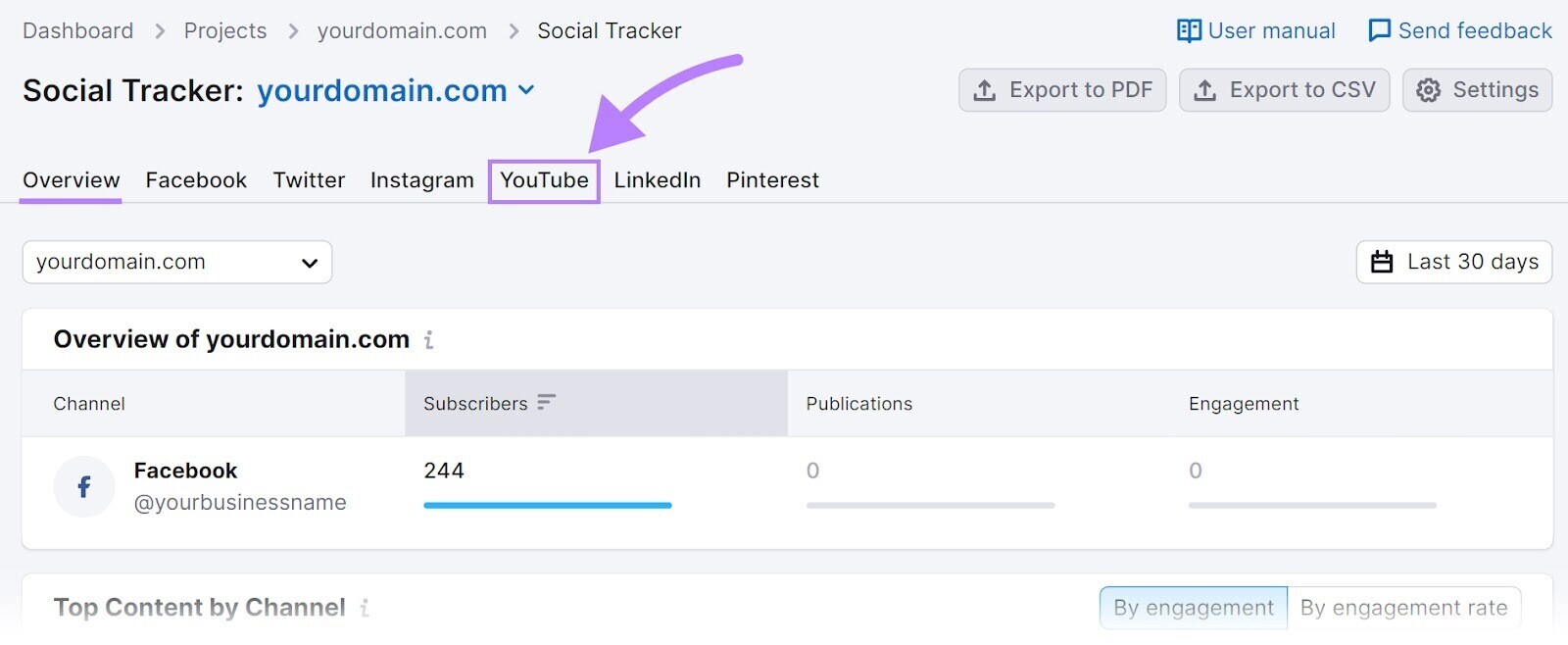 Onglet YouTube dans l'outil Social Tracker