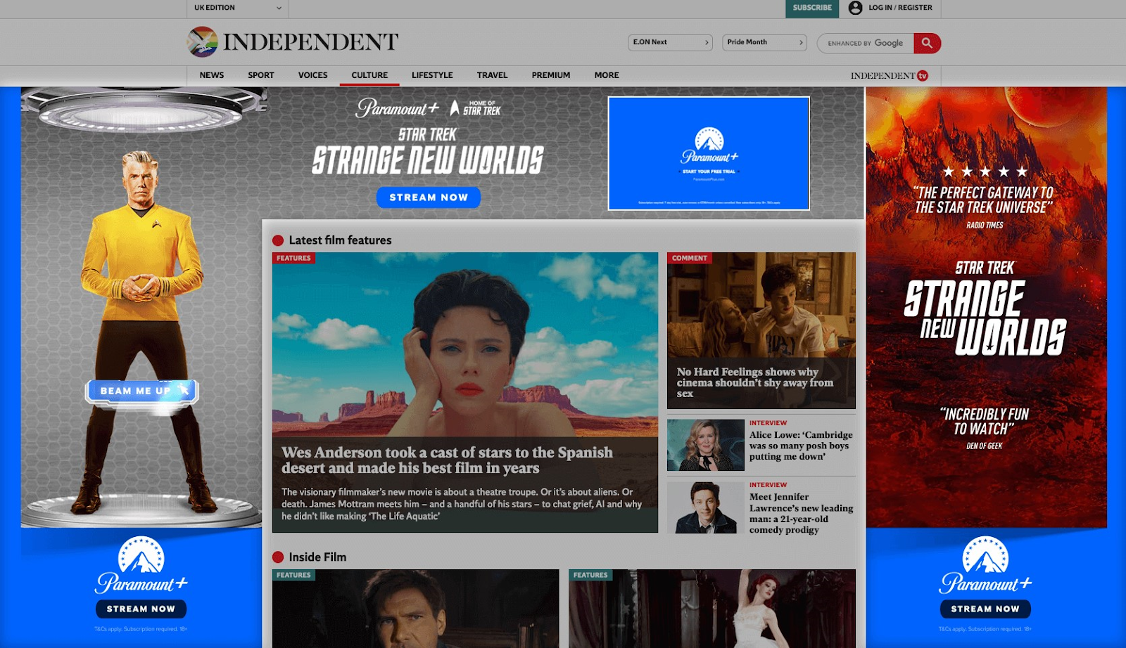 Anuncio de Paramount+ en la página de Cultura de Independent