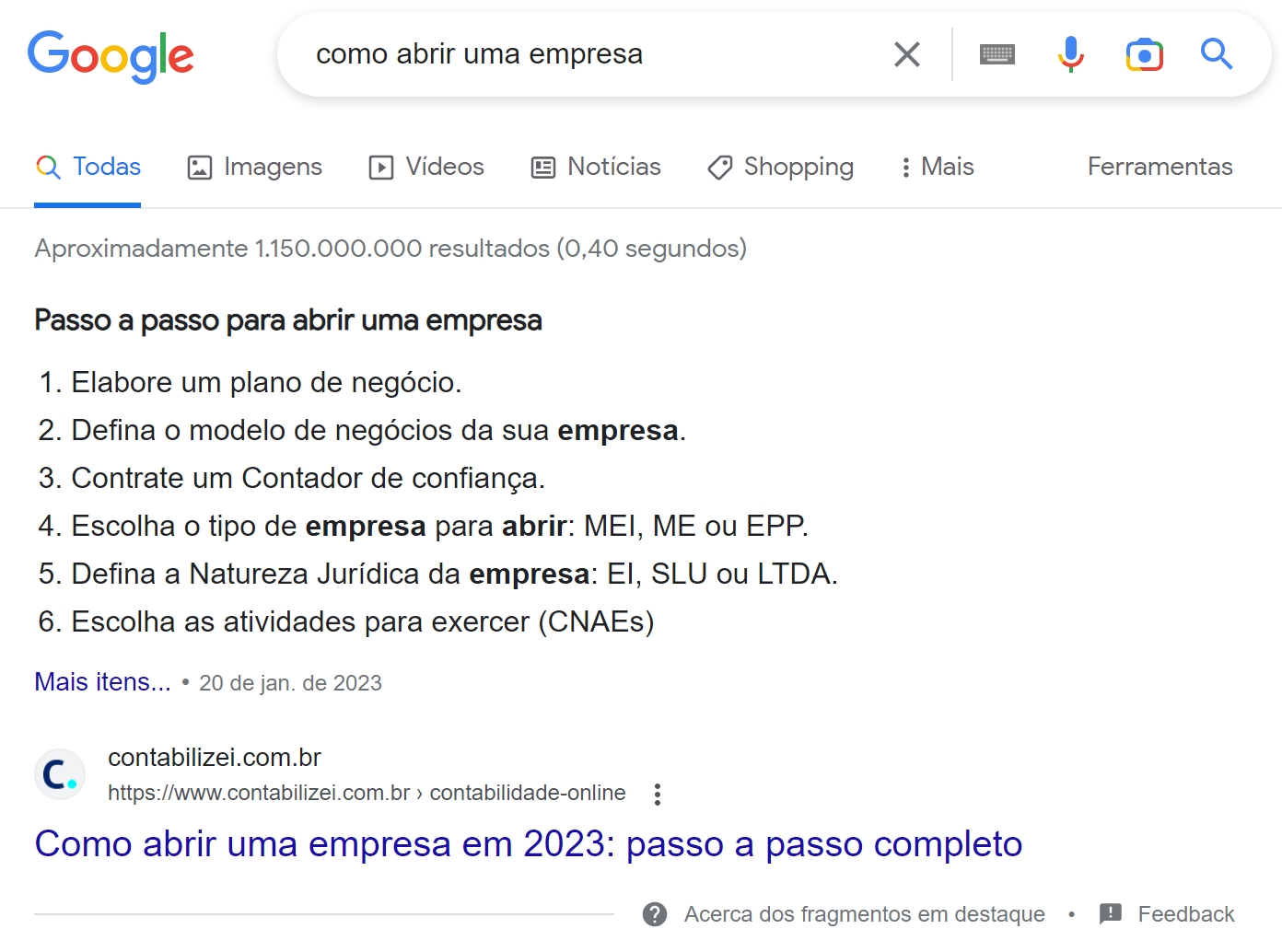 exemplo de featured snippet na serp