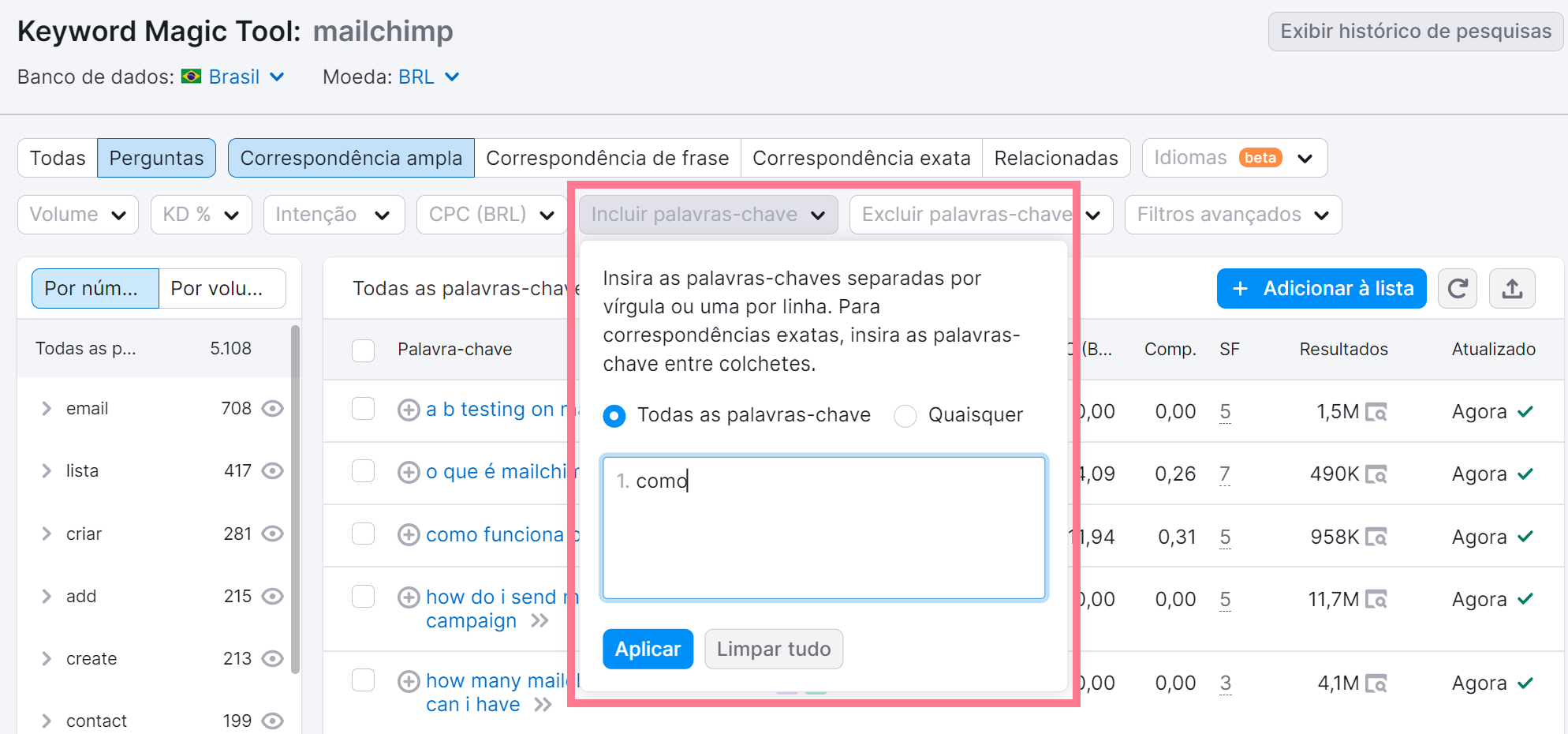 aplicando filtro de pergunta