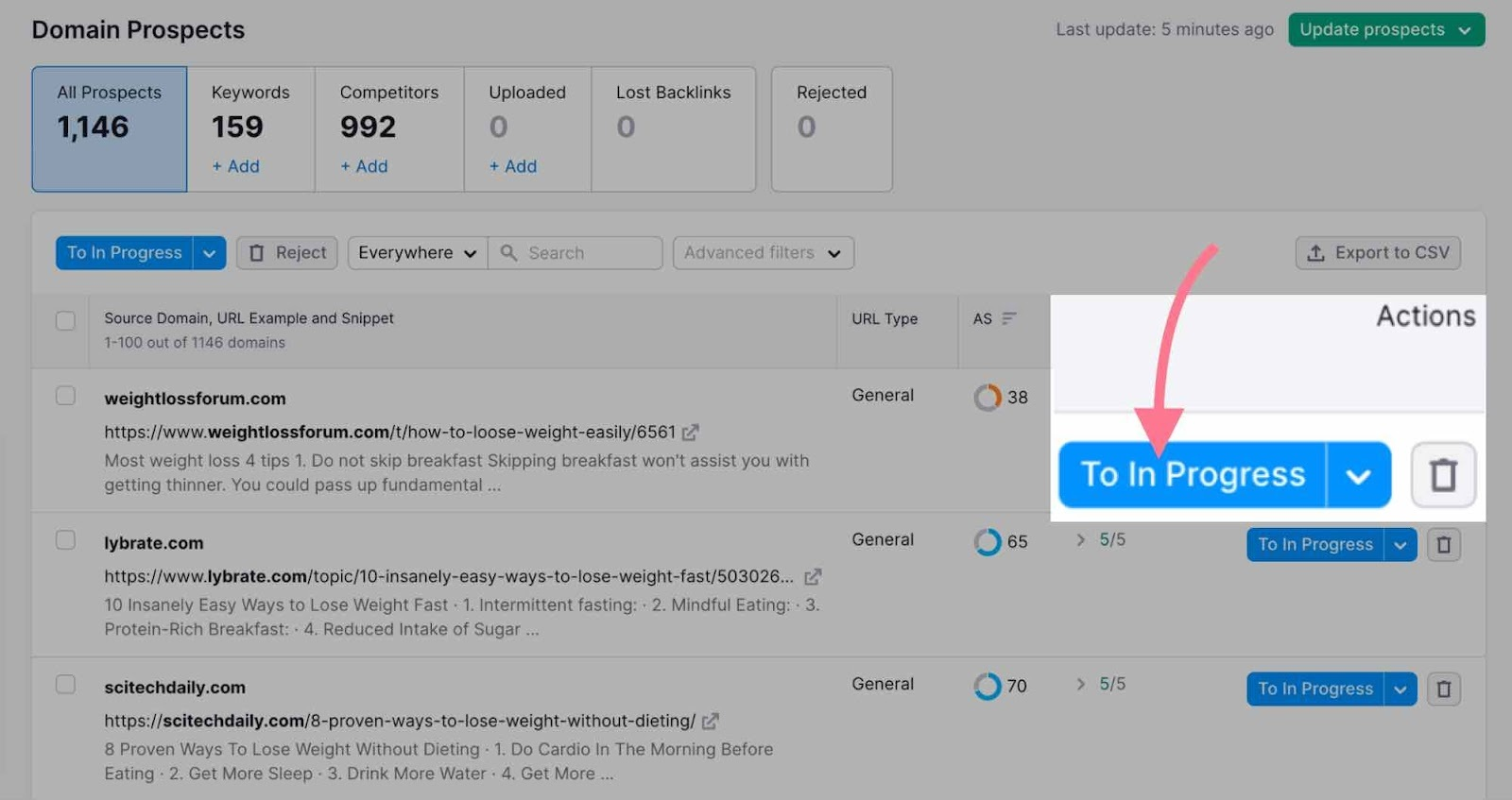 Pestaña "En curso" en la Herramienta de Construcción de Enlaces