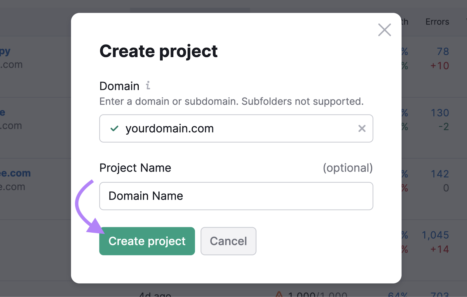 Janela pop-up "Criar projeto" no Semrush