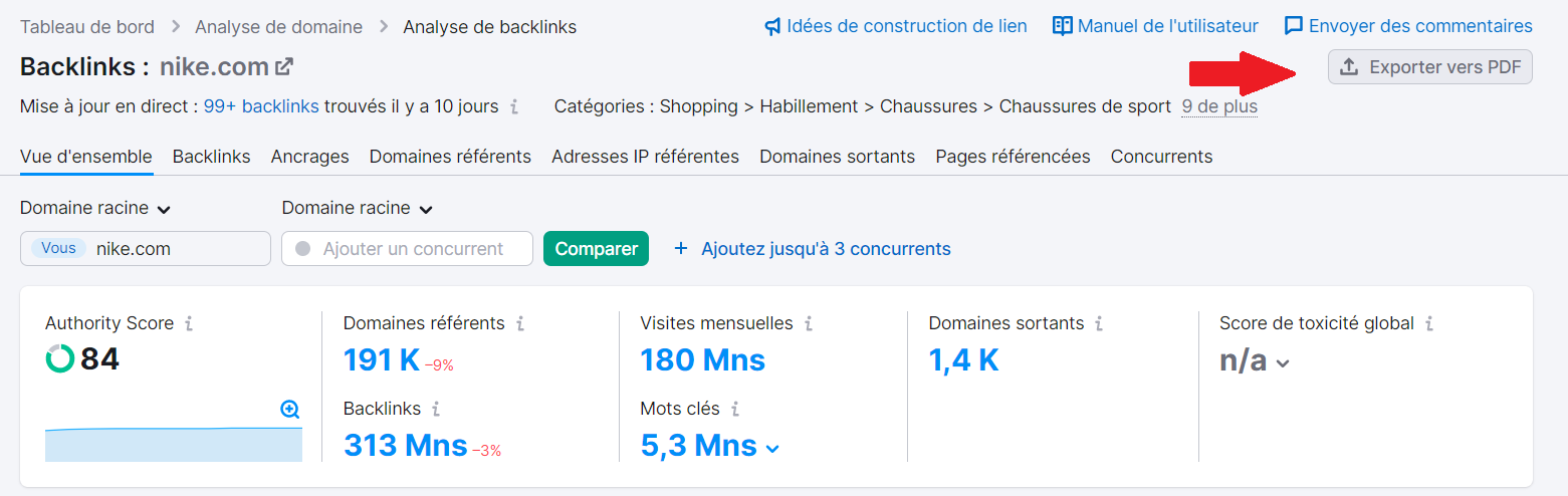 Analyse de backlinks, Exporter PDF