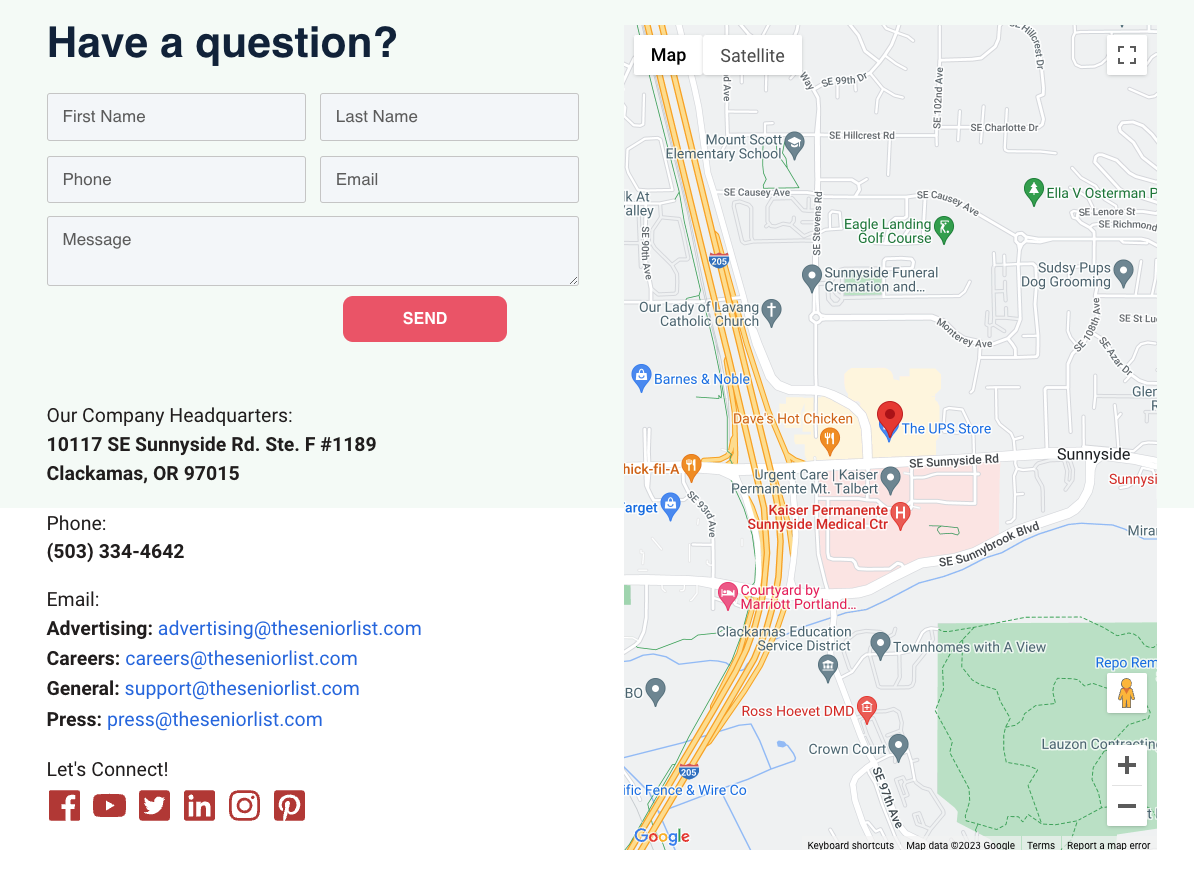 Página de contacto de la Lista Senior