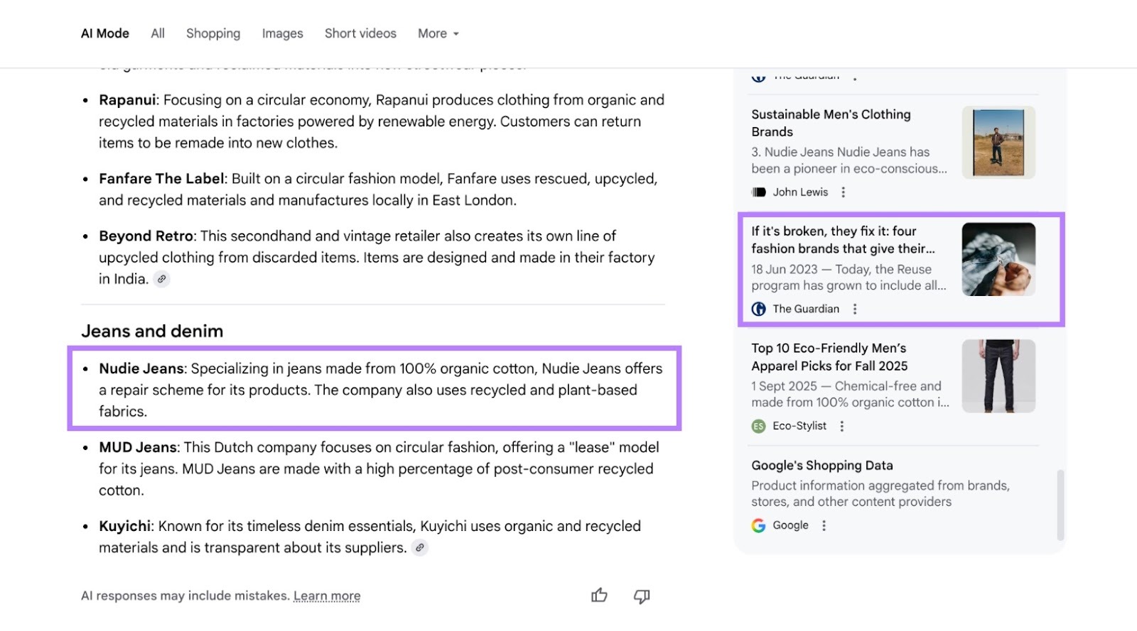 Google の AI モードに関する応答。ブランド名が言及され、ソースの 1 つが強調表示されています。