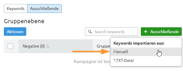 Negative Keywords manuell eingeben