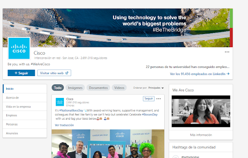 Páginas de empresa en LinkedIn - Ejemplo CIsco