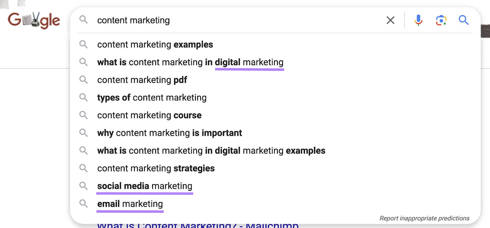 Palavras-chave principais destacadas nas sugestões de preenchimento automático do Google