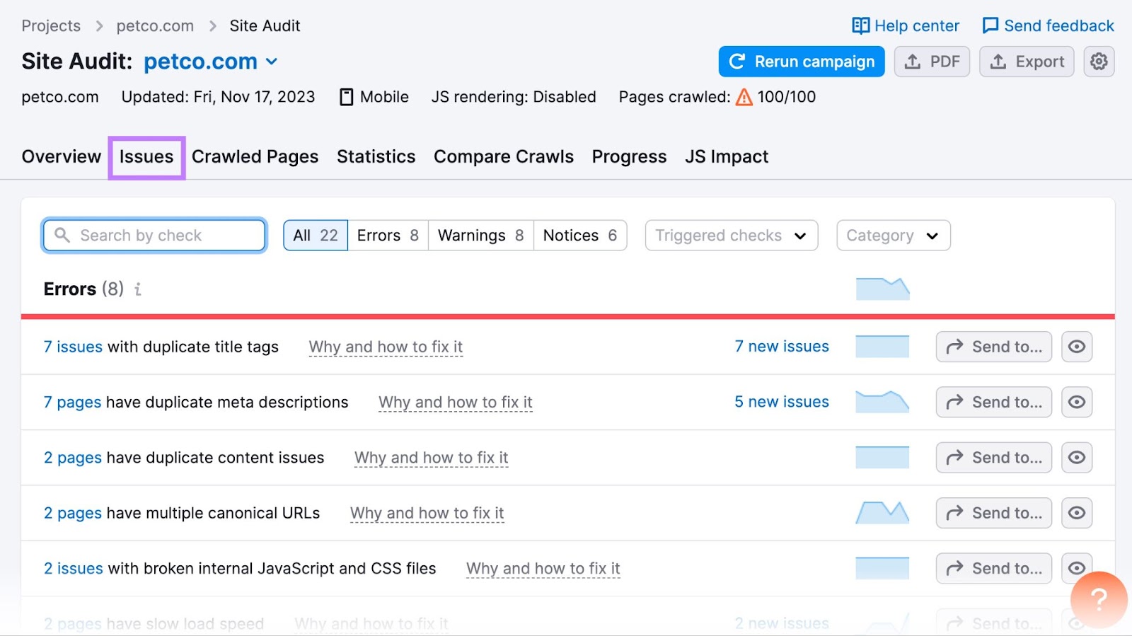 Pestaña "Problemas" en la Auditoría del Sitio para "petco.com"