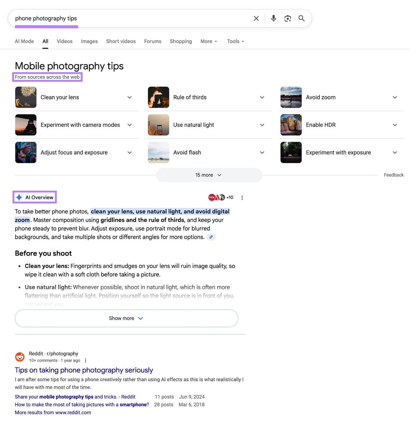 Aparece nos resultados de pesquisa do Google para o termo "dicas de fotografia com celular", com o recurso "De fontes da web" e uma visão geral de IA no topo.