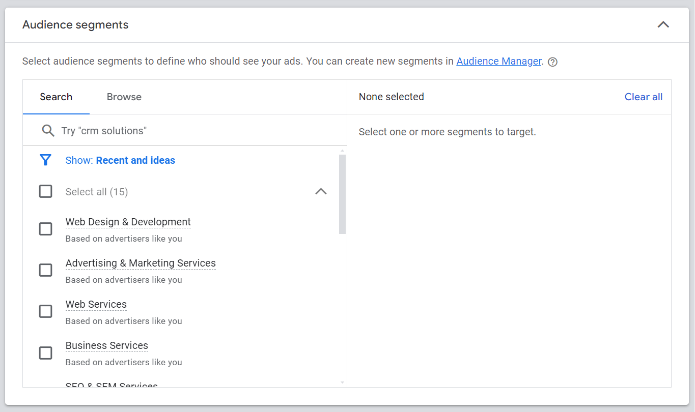 Menü „Zielgruppensegmente“ in Google Ads