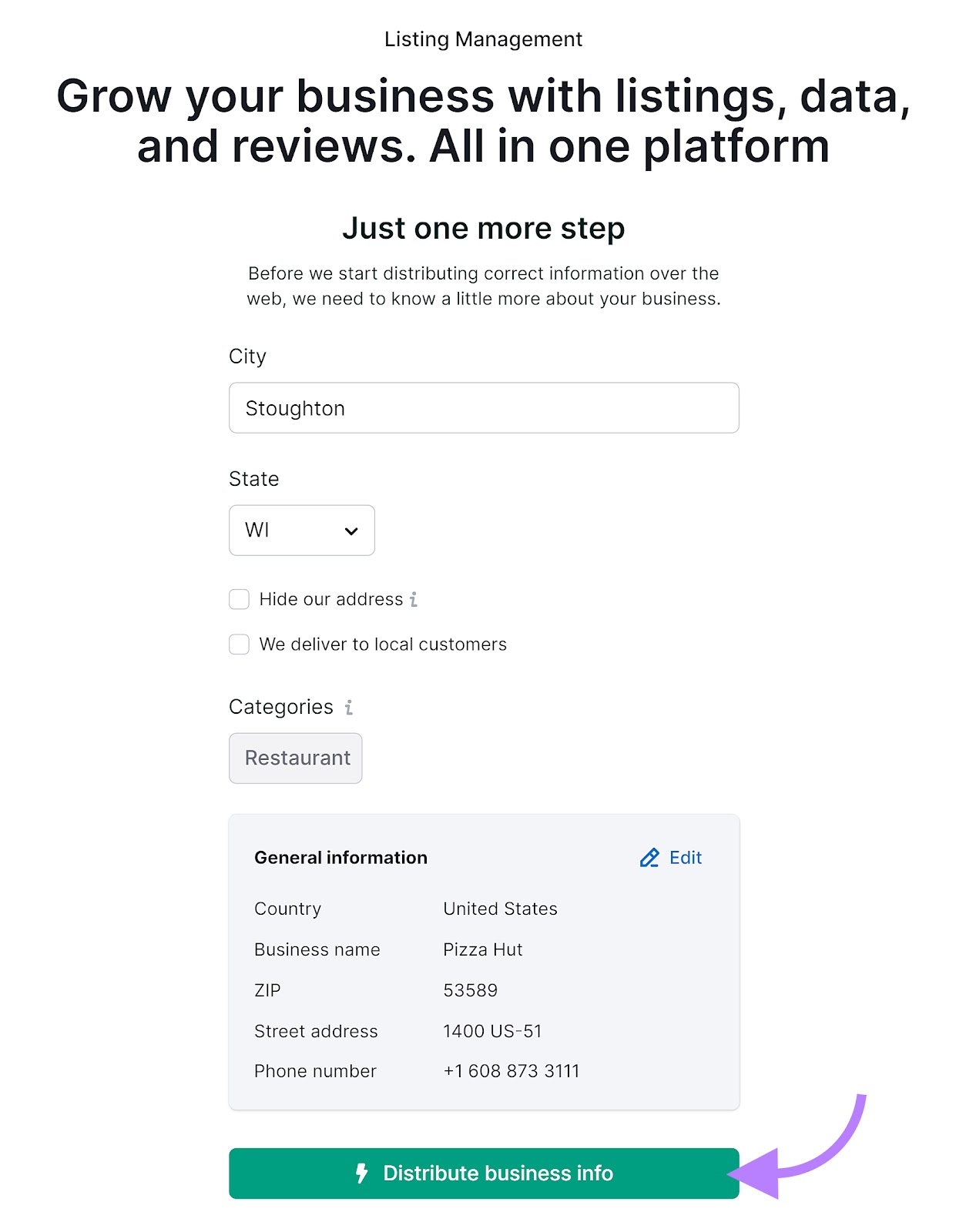 Herramienta de gestión de listados que muestra los detalles y categorías de los restaurantes, con una flecha que apunta a "Distribuir información del negocio".