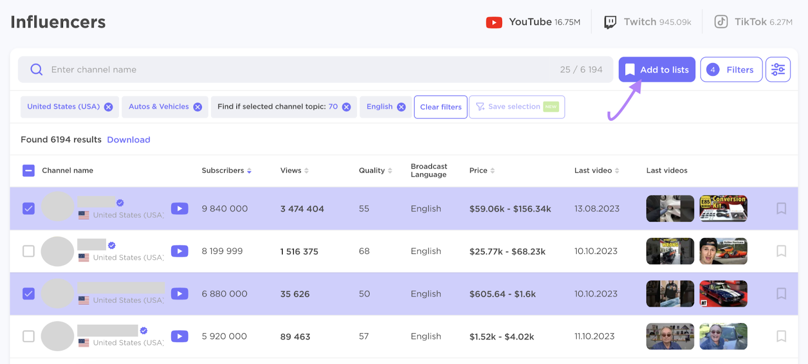 Dos personas influyentes seleccionadas de la lista y botón "Añadir a las listas" resaltado en la esquina superior derecha