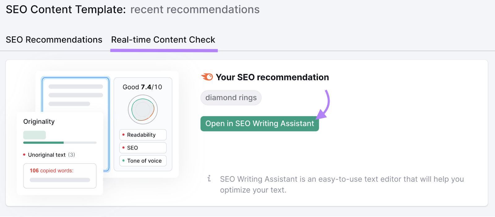 Verificação de conteúdo em tempo real com seta apontando para o botão "Abrir no SEO Writing Assistant" no SEO Content Template da Semrush