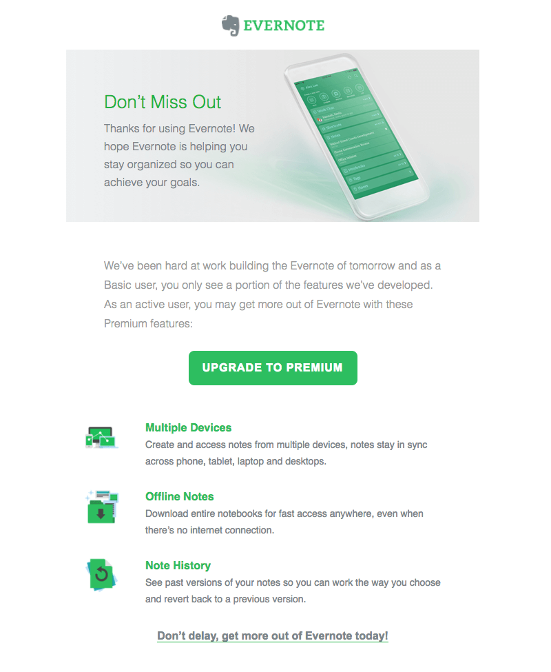 L'email d'Evernote rappelant aux utilisateurs de passer à l'abonnement Premium.