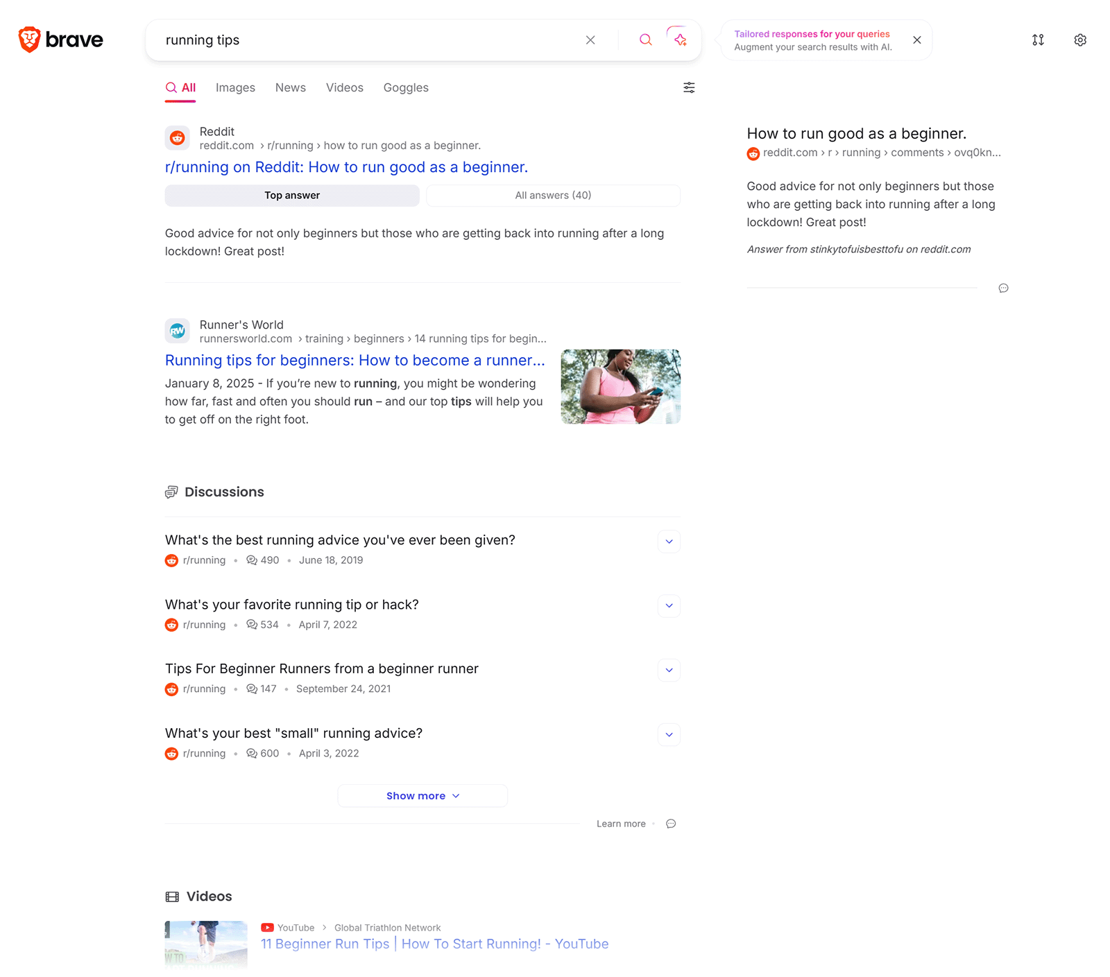 Brave shows running tips from Reddit, Runner’s World, and community discussions, with a YouTube video preview at the bottom.