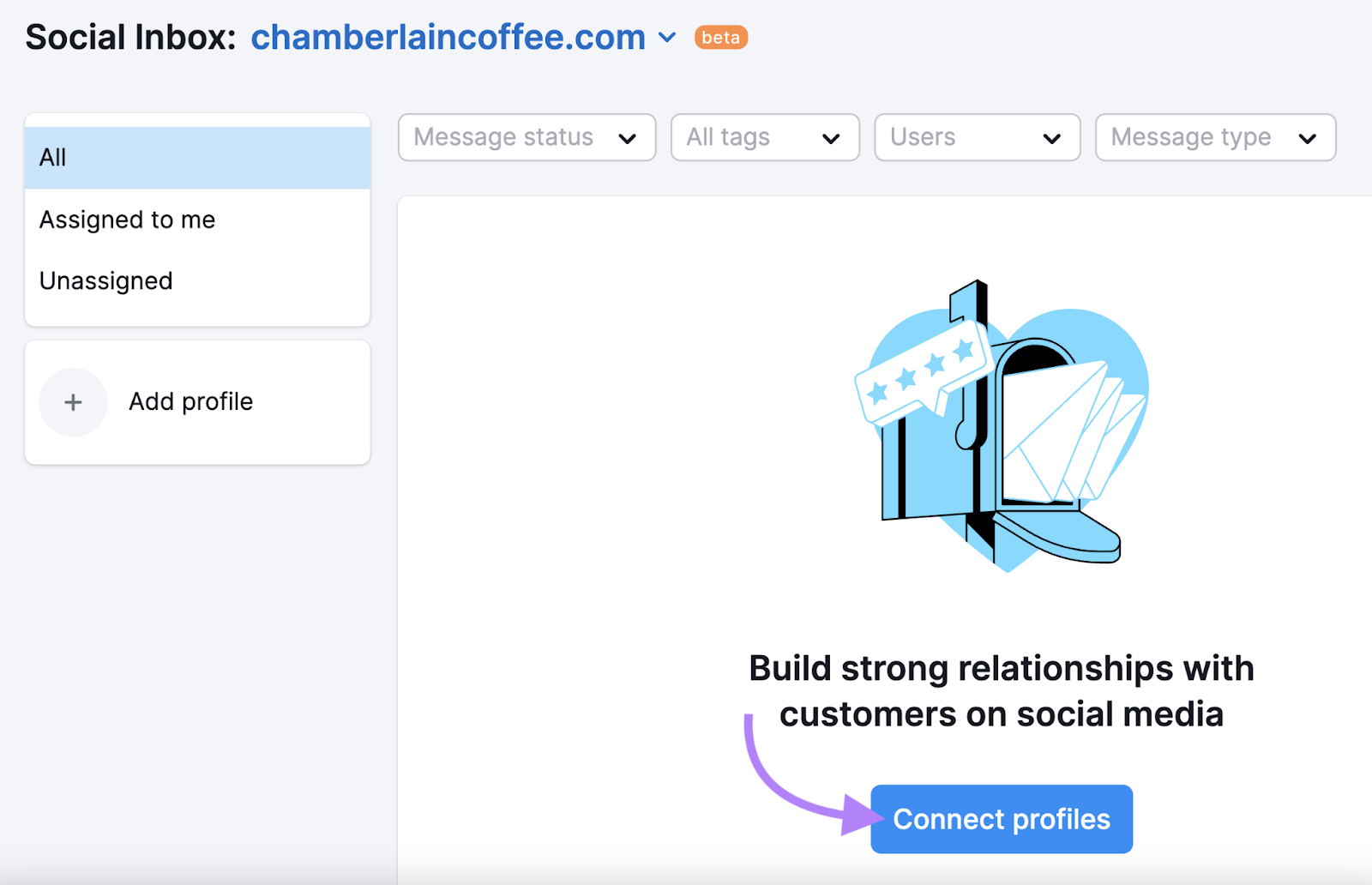 Botão "Conectar perfis" no aplicativo Social Inbox