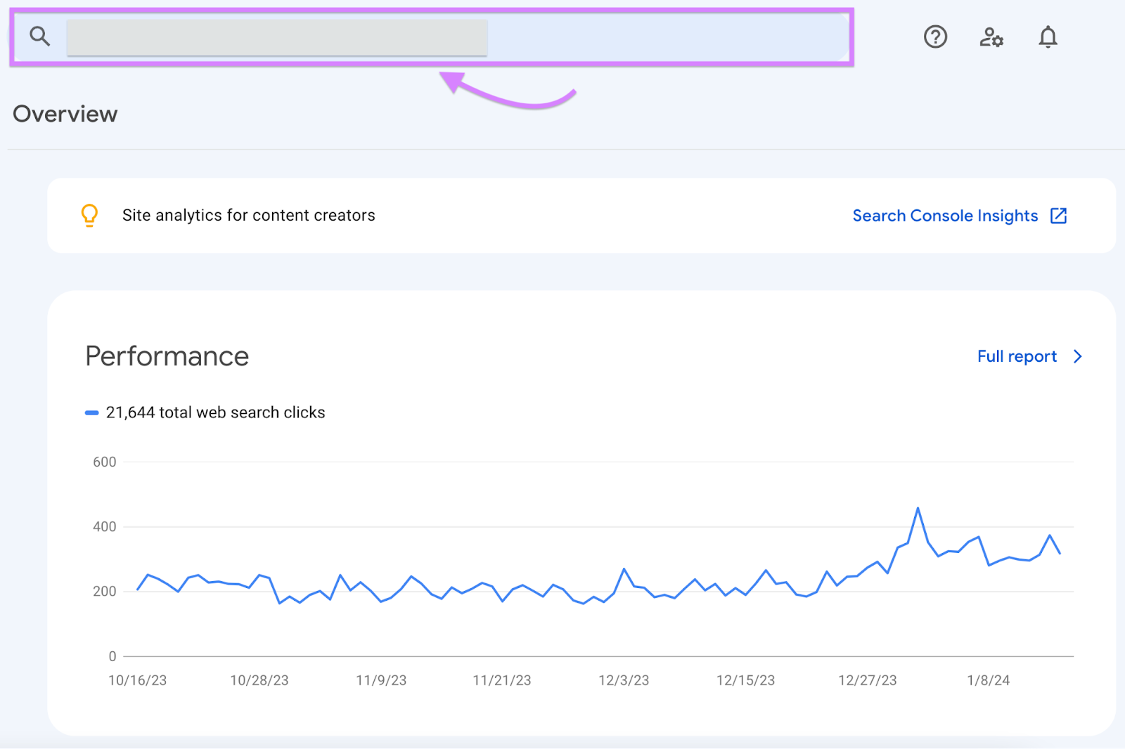 La zone de recherche en haut de Google Search Console