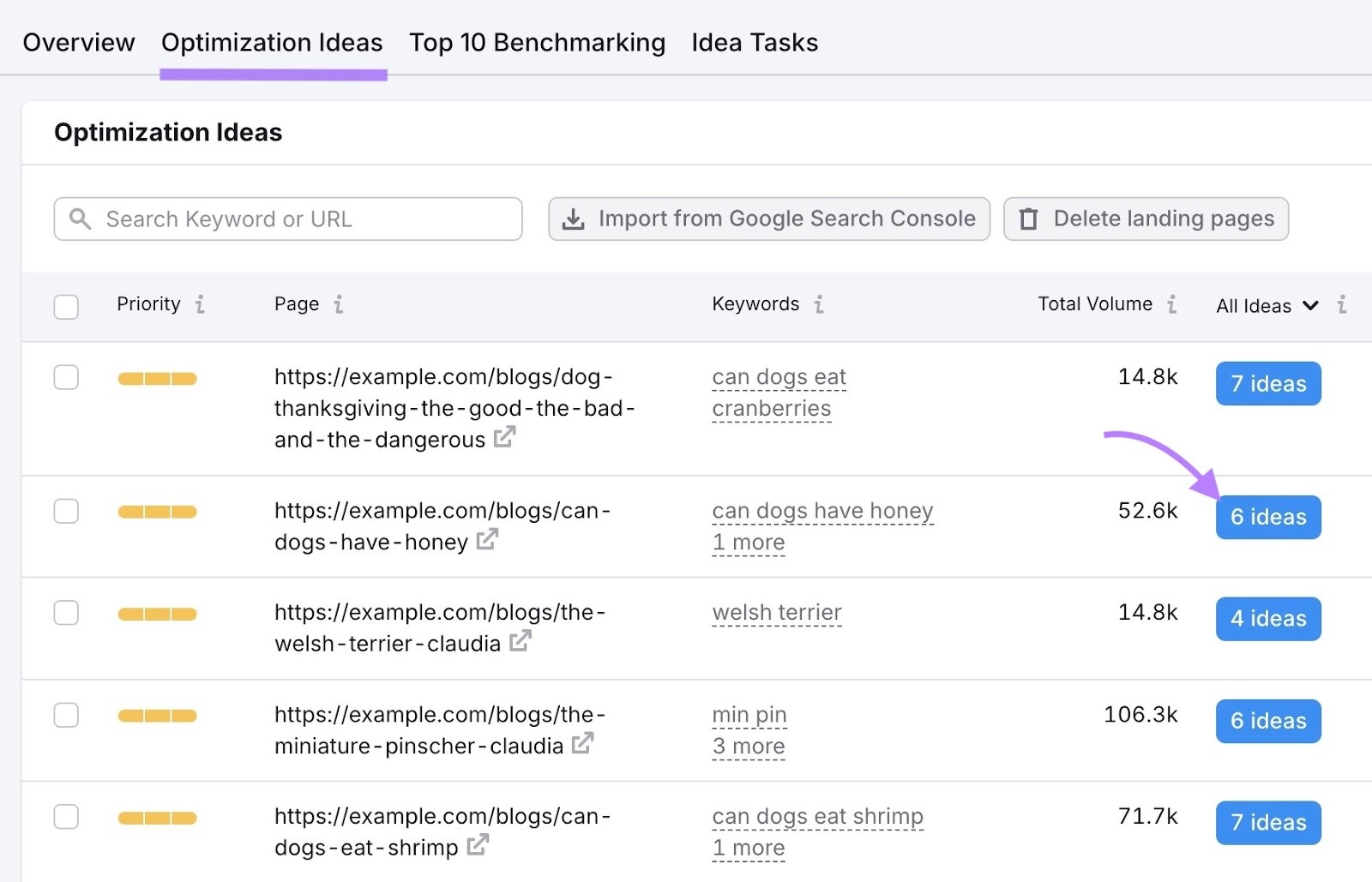 L'onglet "Idées d'optimisation" du vérificateur SEO sur page avec le bouton "idées" à côté de l'URL d'une page cliqué.