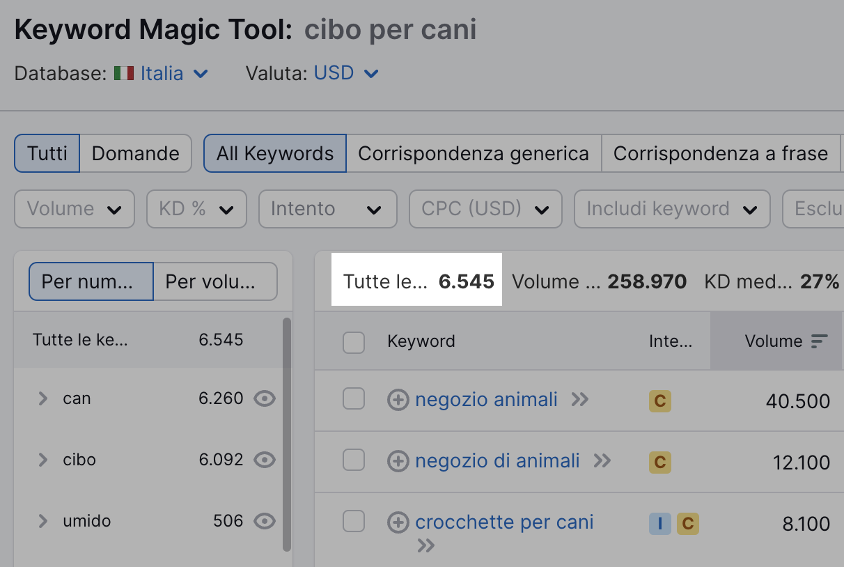 Esempio di ricerca delle parole chiave con Keyword Magic Tool con il