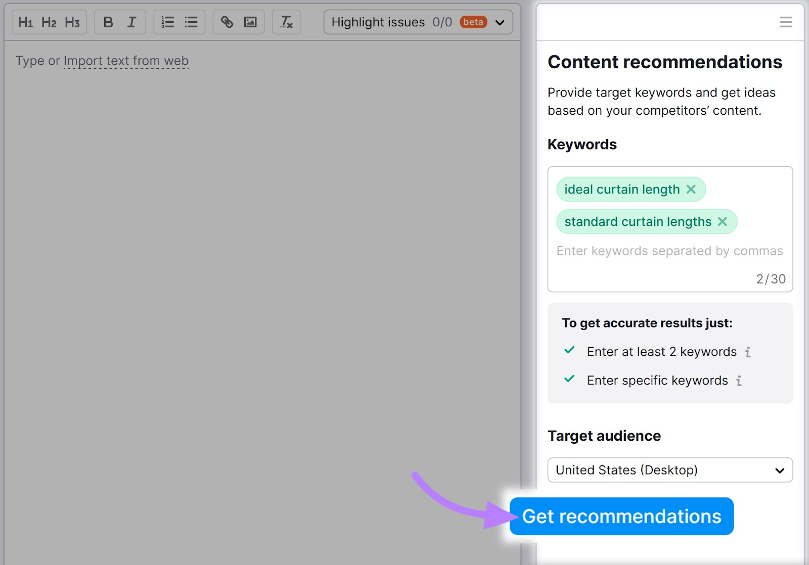 SEO Writing Assistantにキーワードを入力し、"Get recommendations "をクリックする。
