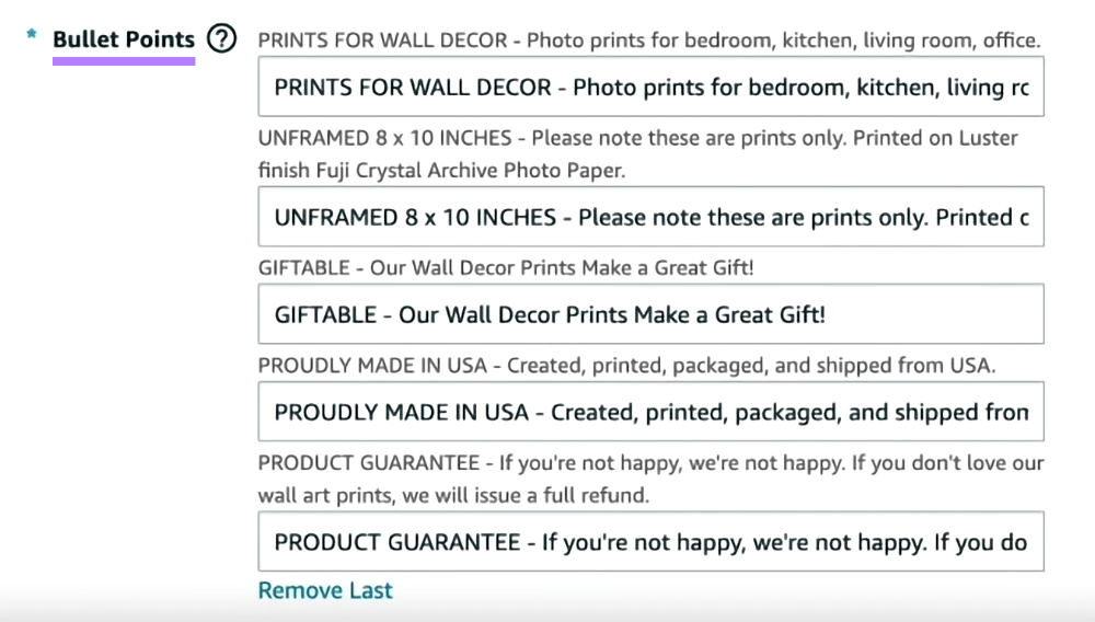 "Viñetas" en la pestaña "Descripción" de Amazon Seller Central