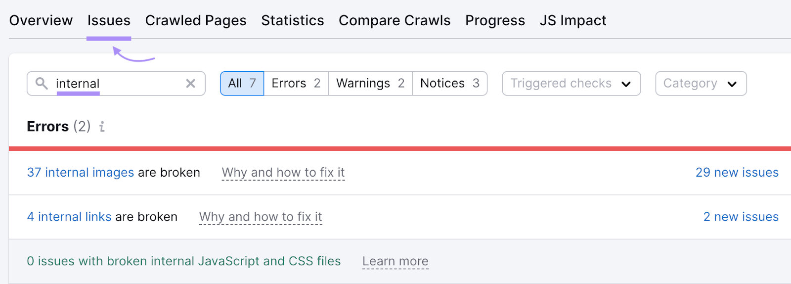 procure por “interno” na aba “Problemas” da Auditoria do Site
