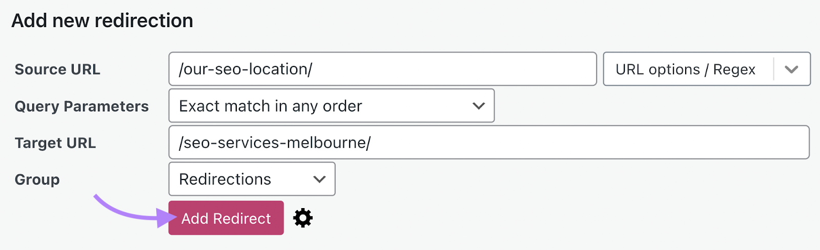 Página "Adicionar novo redirecionamento"