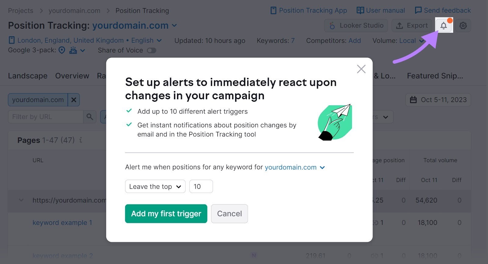 Finestra popup "Imposta avvisi per reagire immediatamente ai cambiamenti della tua campagna" in Position Tracking