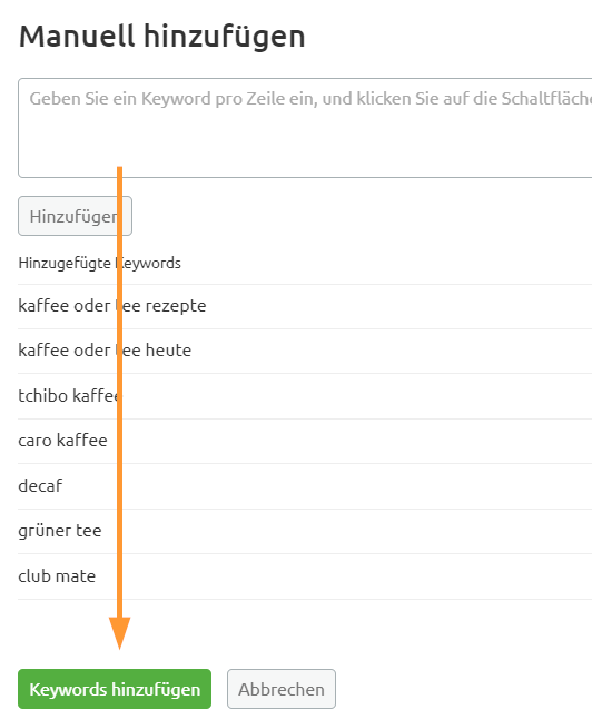 Eine neue Liste ausschließender Keywords